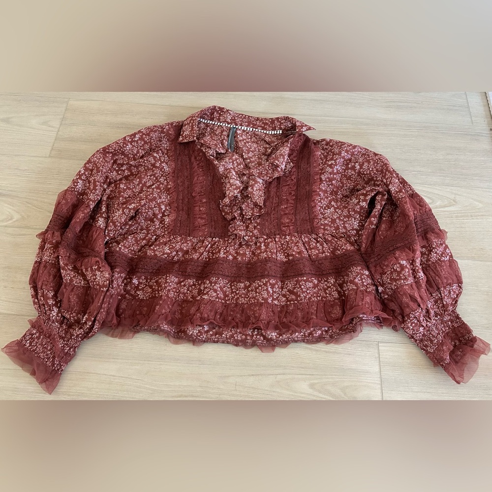 Anthropologie Red Ruffled V-Neck Popover Blouse